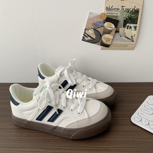 Qiwi- Giày sneaker thể thao vải canvas đế nâu 2 sọc xanh than phong cách trẻ trung nặng động cho nữ đi học hằng ngày