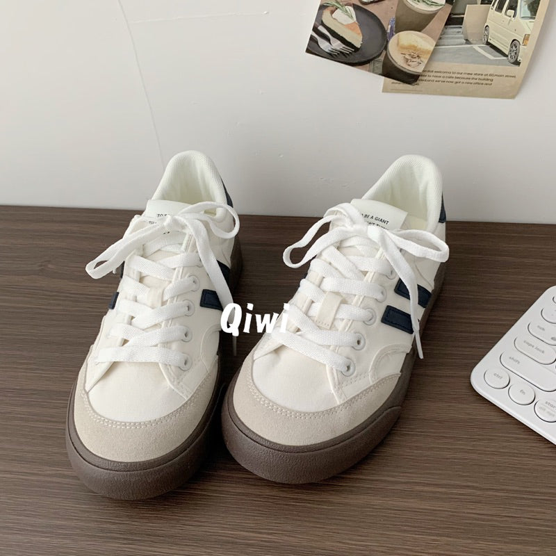 Qiwi- Giày sneaker thể thao vải canvas đế nâu 2 sọc xanh than phong cách trẻ trung nặng động cho nữ đi học hằng ngày