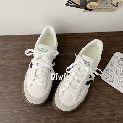 Qiwi- Giày sneaker thể thao vải canvas đế nâu 2 sọc xanh than phong cách trẻ trung nặng động cho nữ đi học hằng ngày