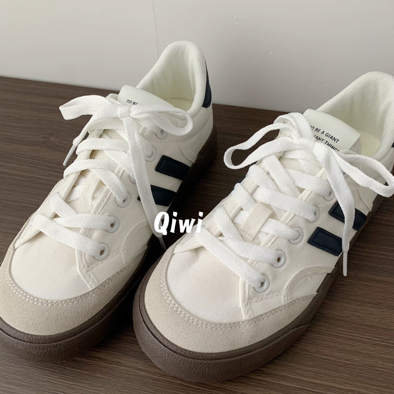 Qiwi- Giày sneaker thể thao vải canvas đế nâu 2 sọc xanh than phong cách trẻ trung nặng động cho nữ đi học hằng ngày